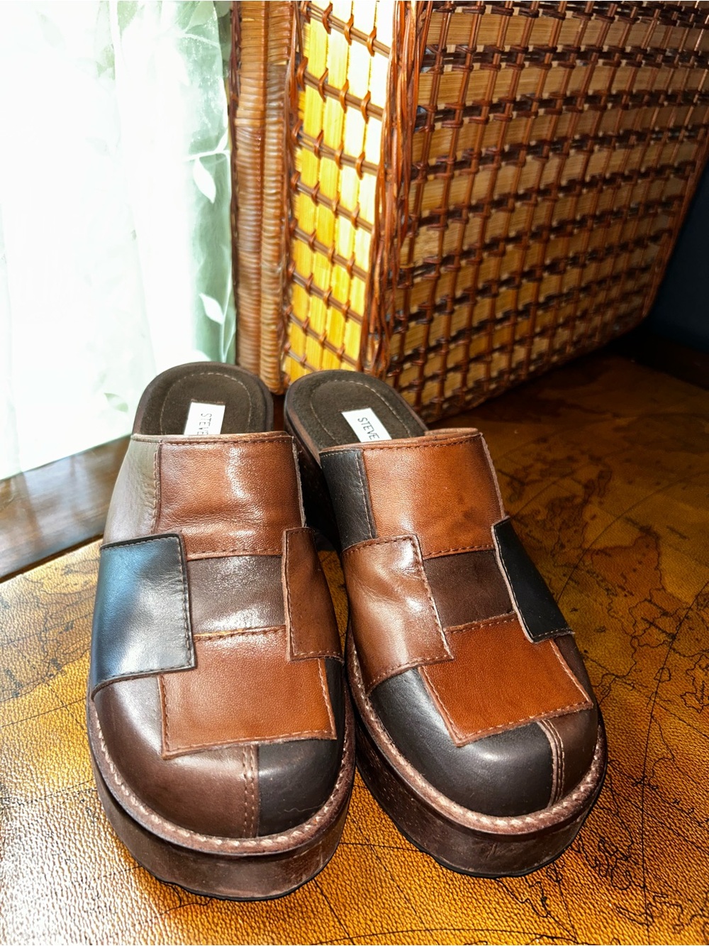 Steve Madden Brown & Black Patchwork Leather Clogs - Picture 3 of 15